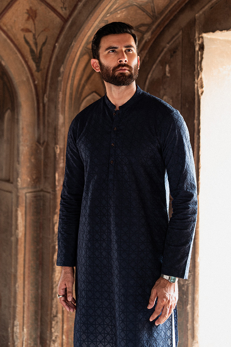 Navy Blue Chikankari Cotton Kurta (1-Pc) - Image 1