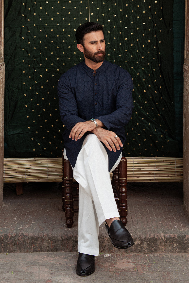 Navy Blue Chikankari Cotton Kurta (1-Pc) - Image 3