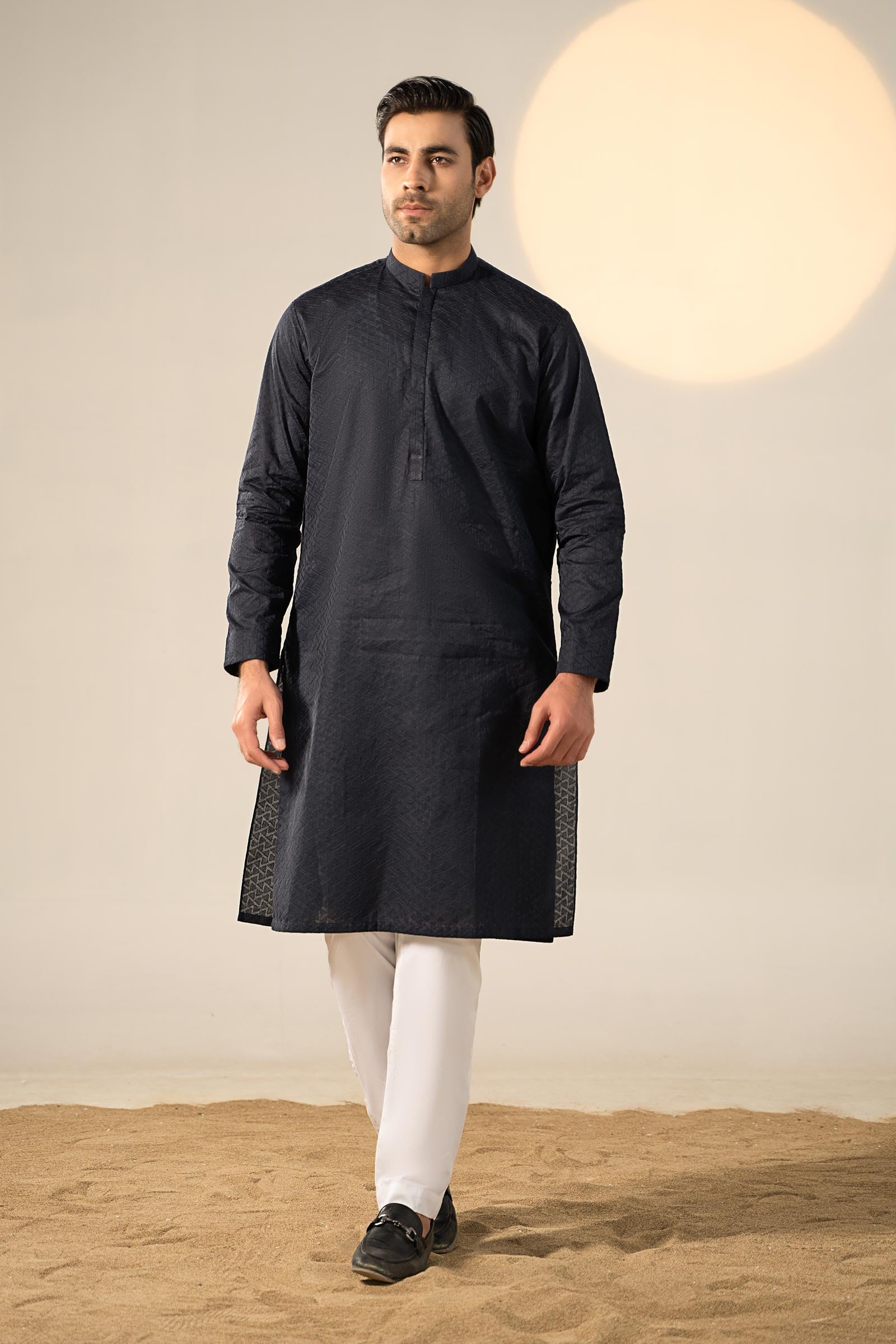 Navy Blue Embroidered Cotton Kurta (2-Piece) - Image 1