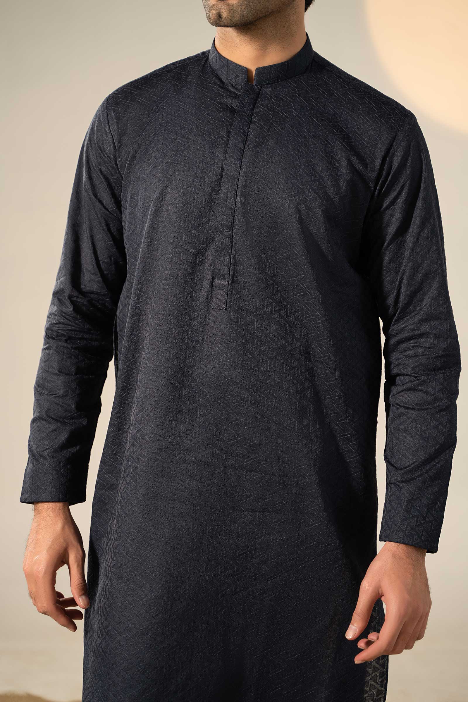 Navy Blue Embroidered Cotton Kurta (2-Piece) - Image 3