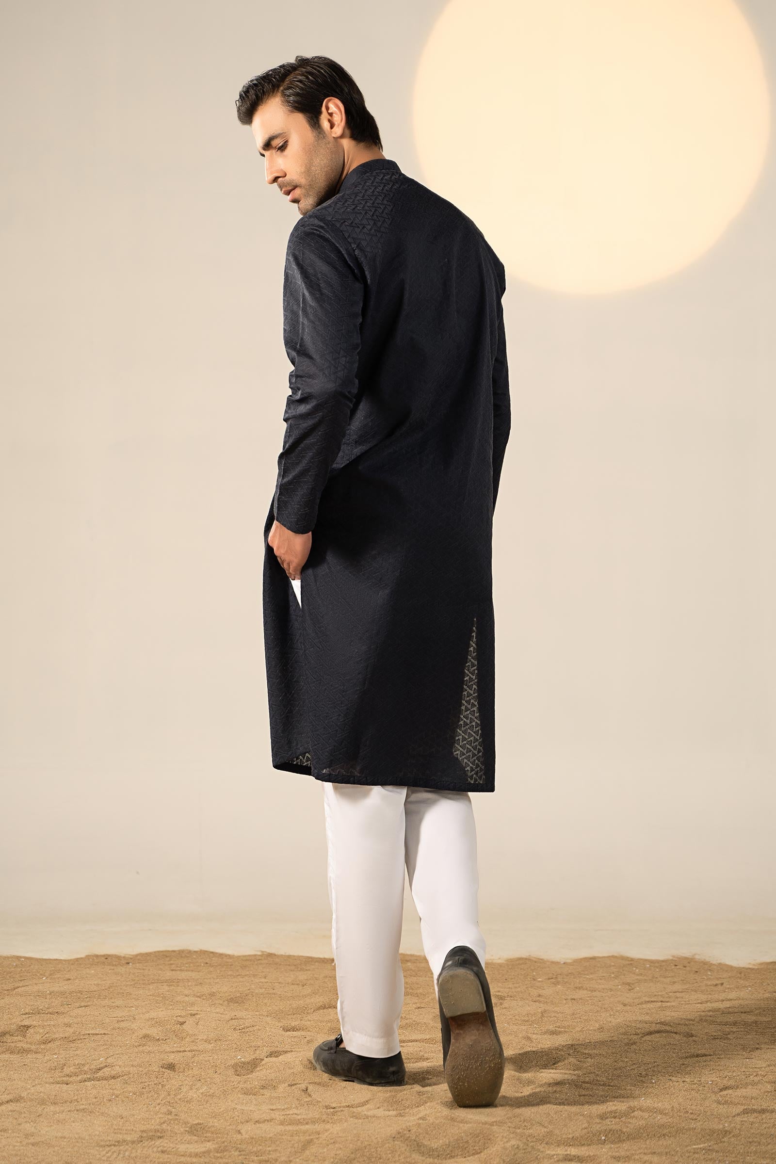 Navy Blue Embroidered Cotton Kurta (2-Piece) - Image 5