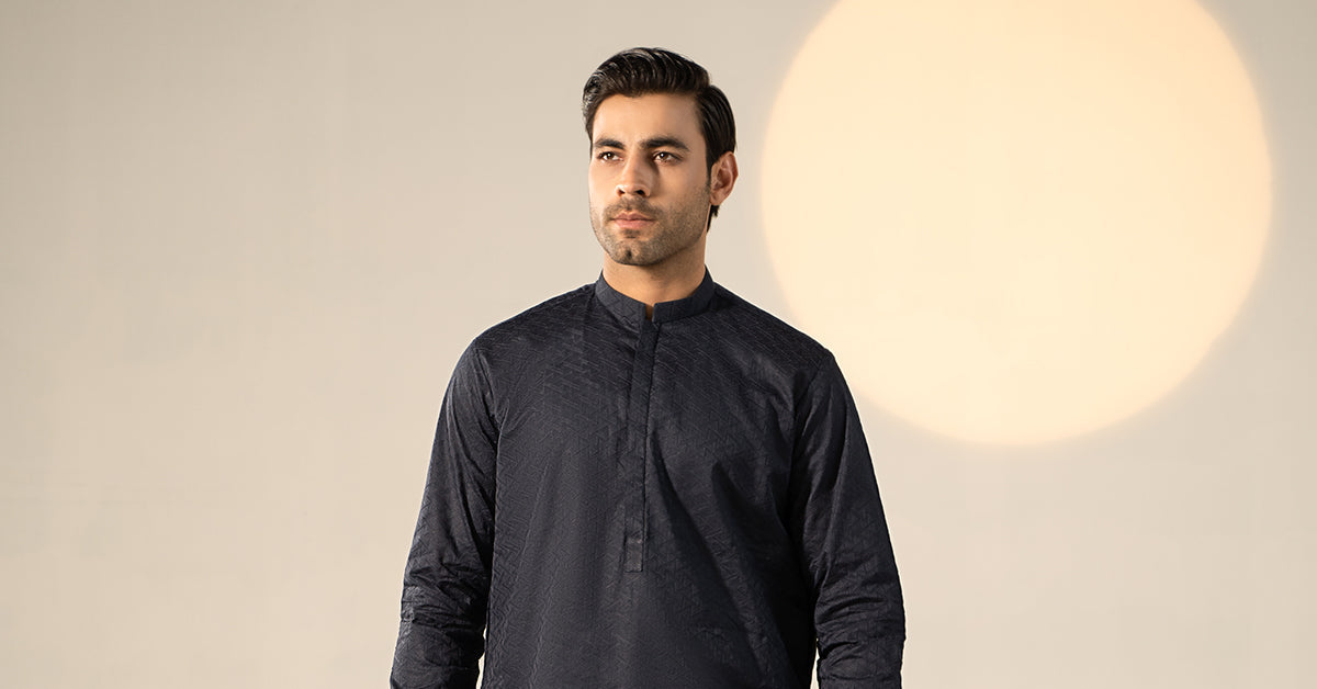 Navy Blue Embroidered Cotton Kurta (2-Piece) - Image 6