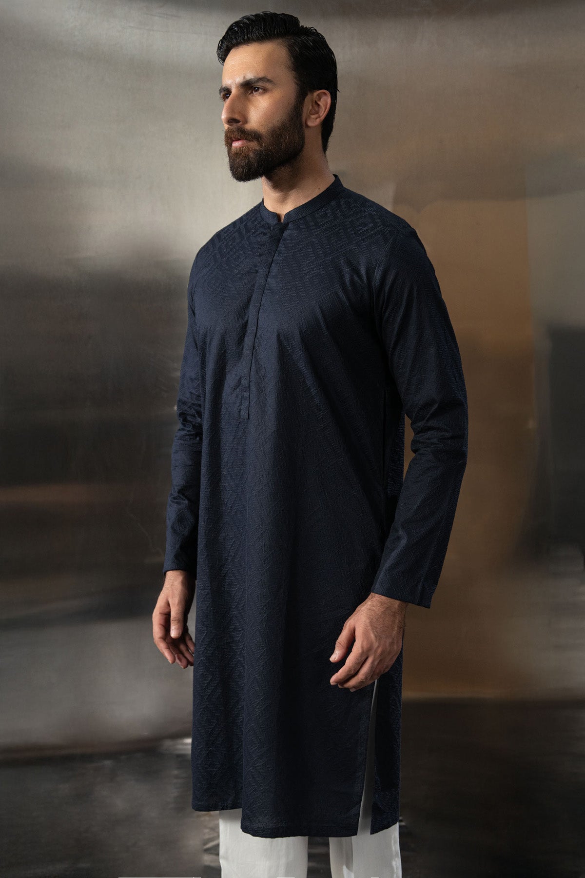 Navy Blue Embroidered Cotton Kurta (2-Piece) - Image 2