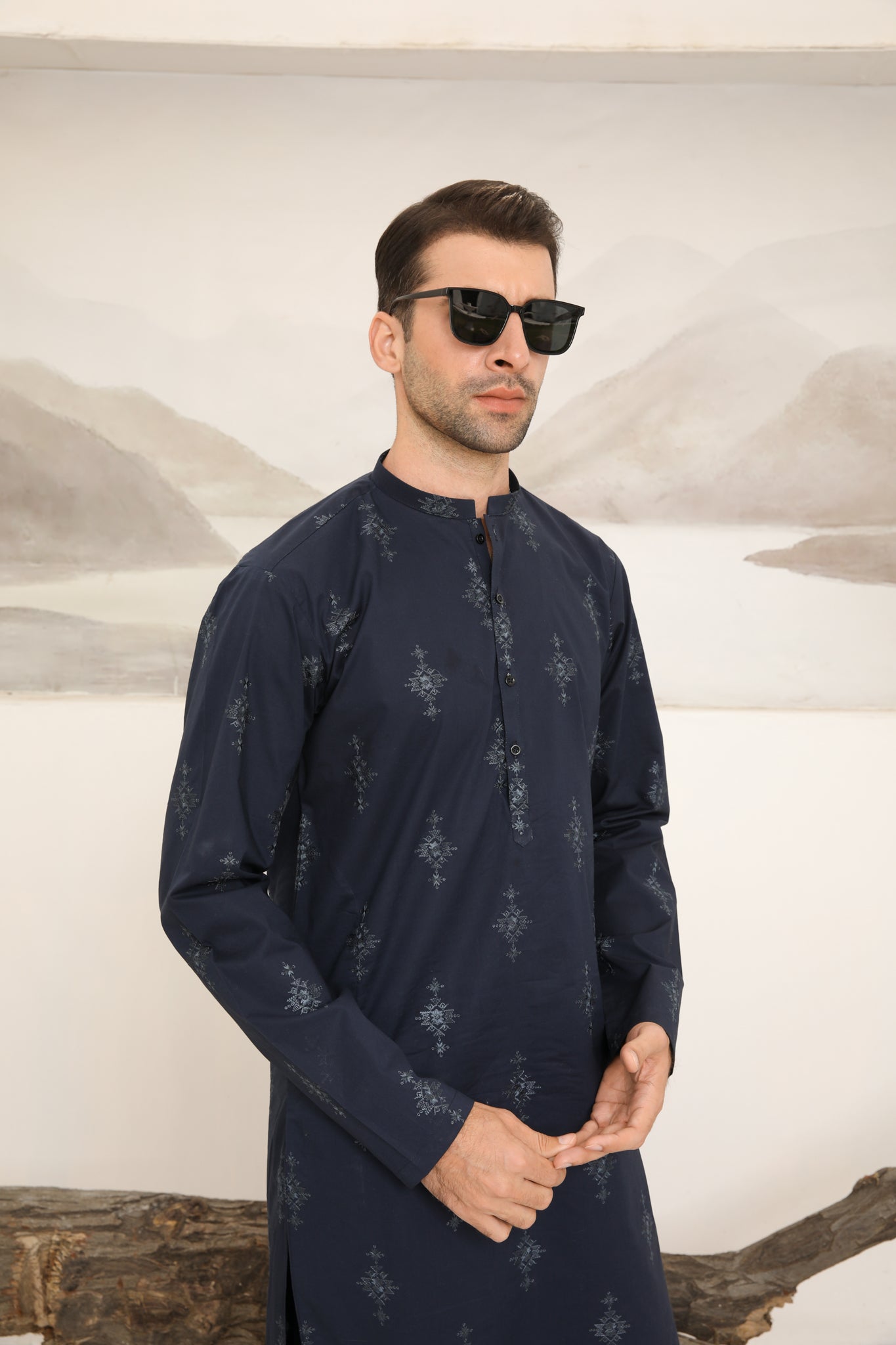 Navy Blue Schiffli Embroidered Cotton Kurta Trouser (2-Piece) - Image 1