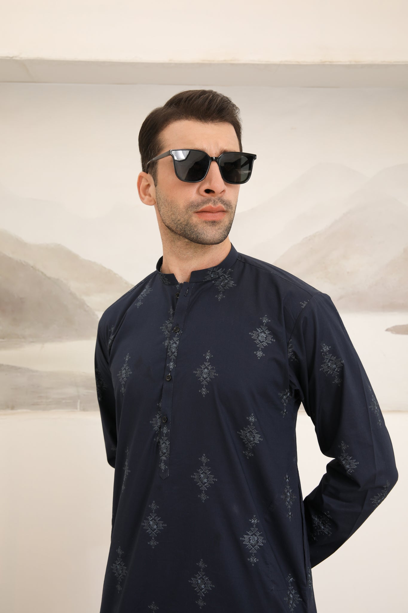 Navy Blue Schiffli Embroidered Cotton Kurta Trouser (2-Piece) - Image 2