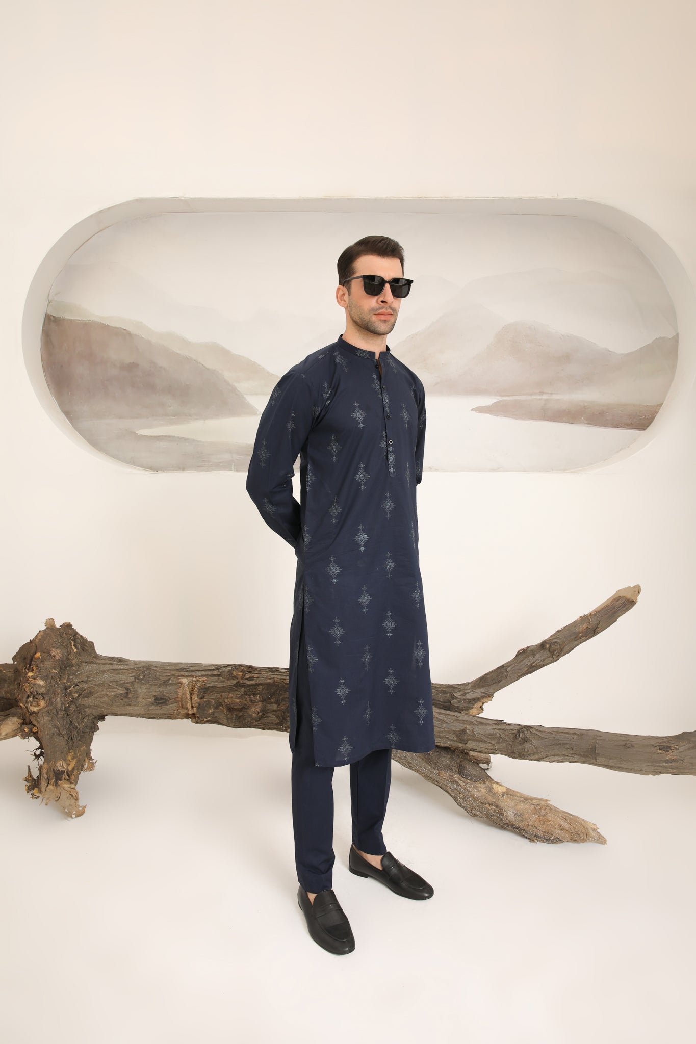 Navy Blue Schiffli Embroidered Cotton Kurta Trouser (2-Piece) - Image 3