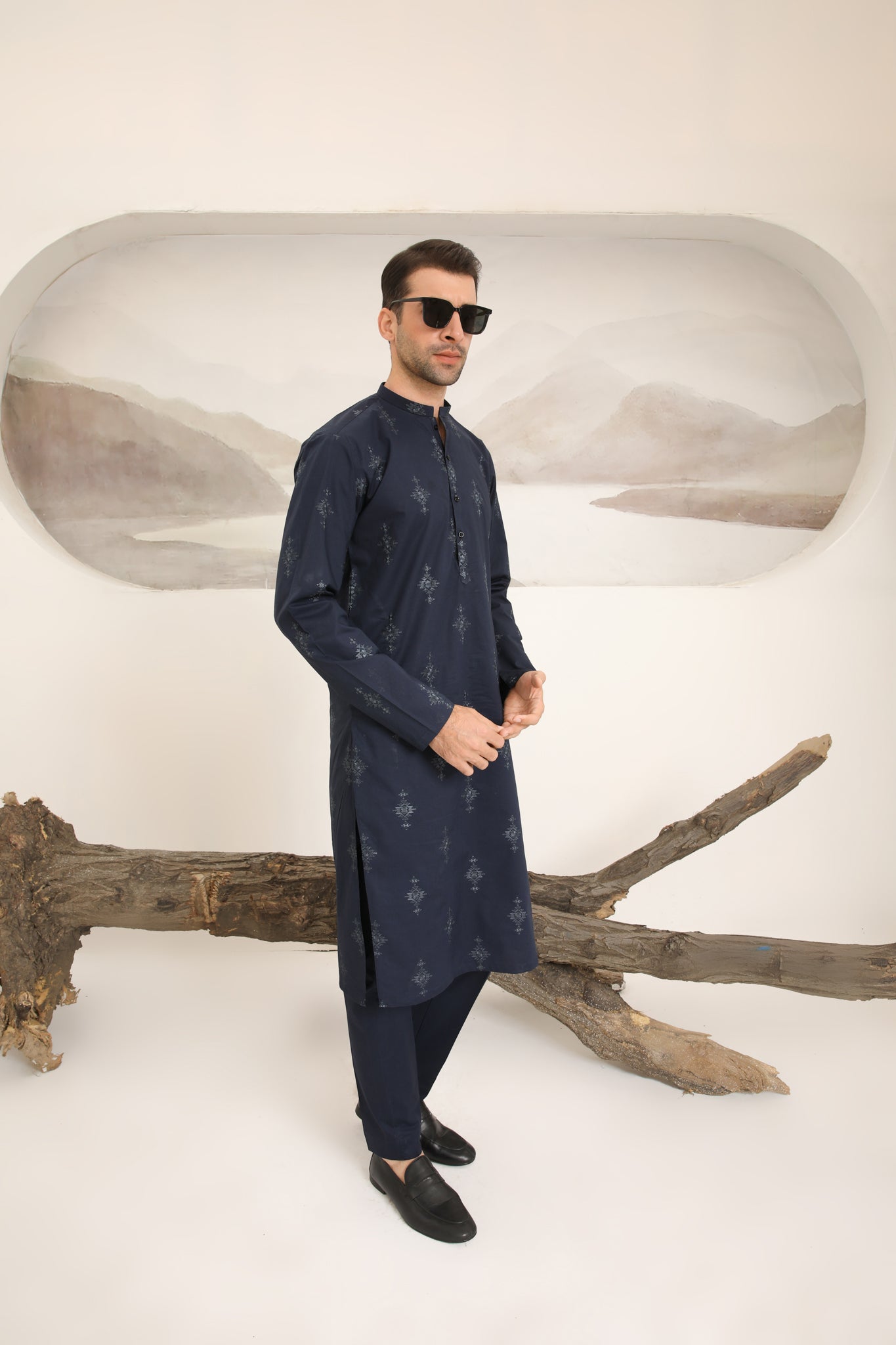 Navy Blue Schiffli Embroidered Cotton Kurta Trouser (2-Piece) - Image 4