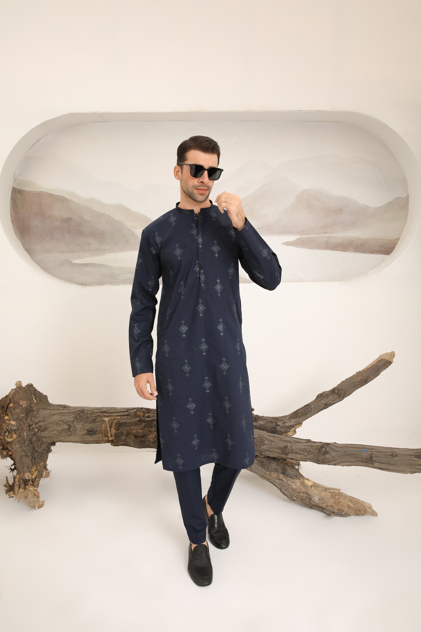 Navy Blue Schiffli Embroidered Cotton Kurta Trouser (2-Piece) - Image 5