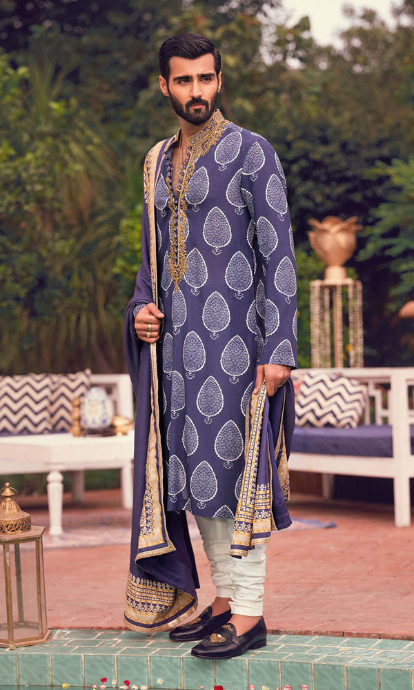 Navy Blue Embroidered Cotton-Silk Kurta (3-Piece) - Image 2