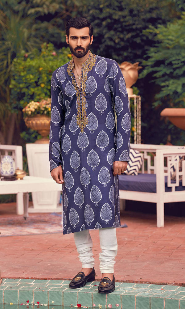 Navy Blue Embroidered Cotton-Silk Kurta (3-Piece) - Image 3