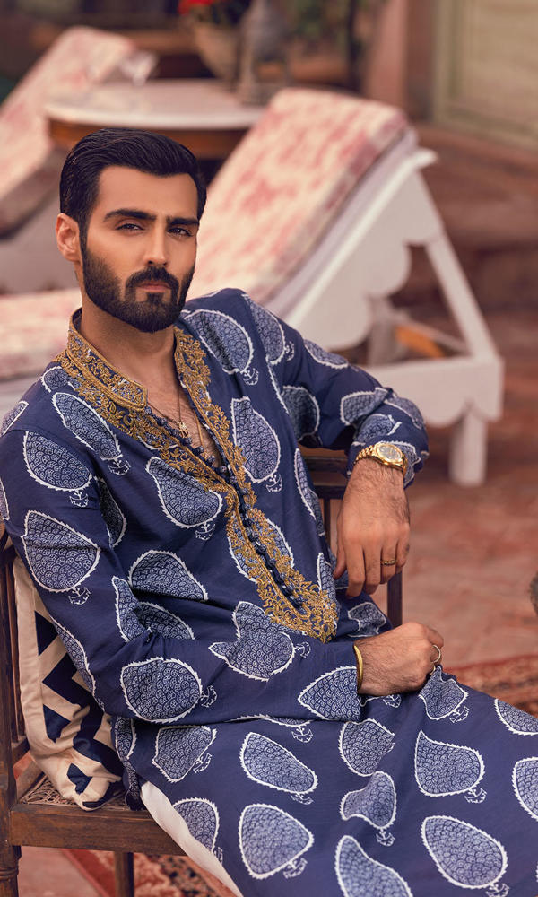 Navy Blue Embroidered Cotton-Silk Kurta (3-Piece) - Image 4