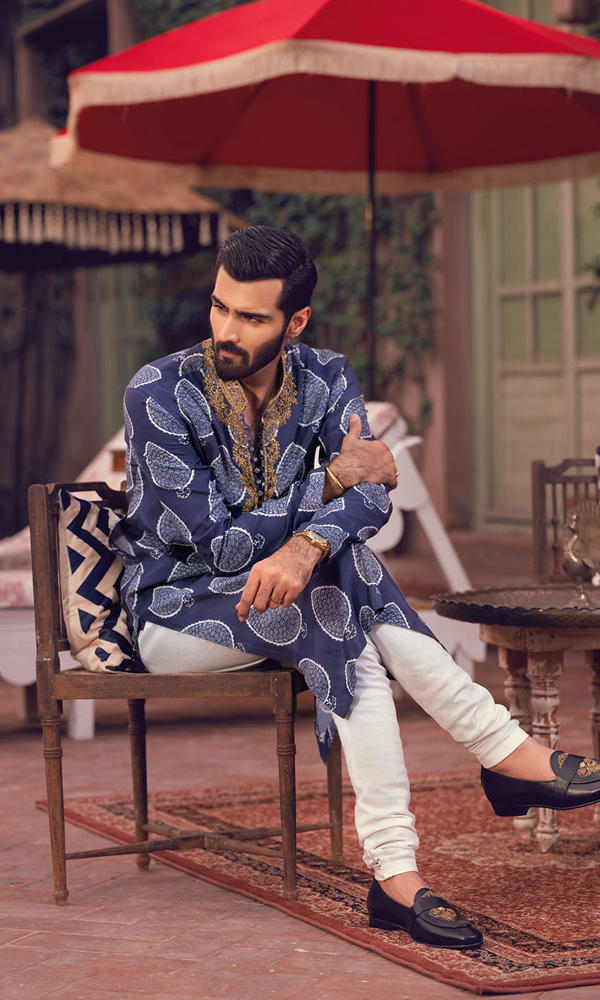 Navy Blue Embroidered Cotton-Silk Kurta (3-Piece) - Image 6