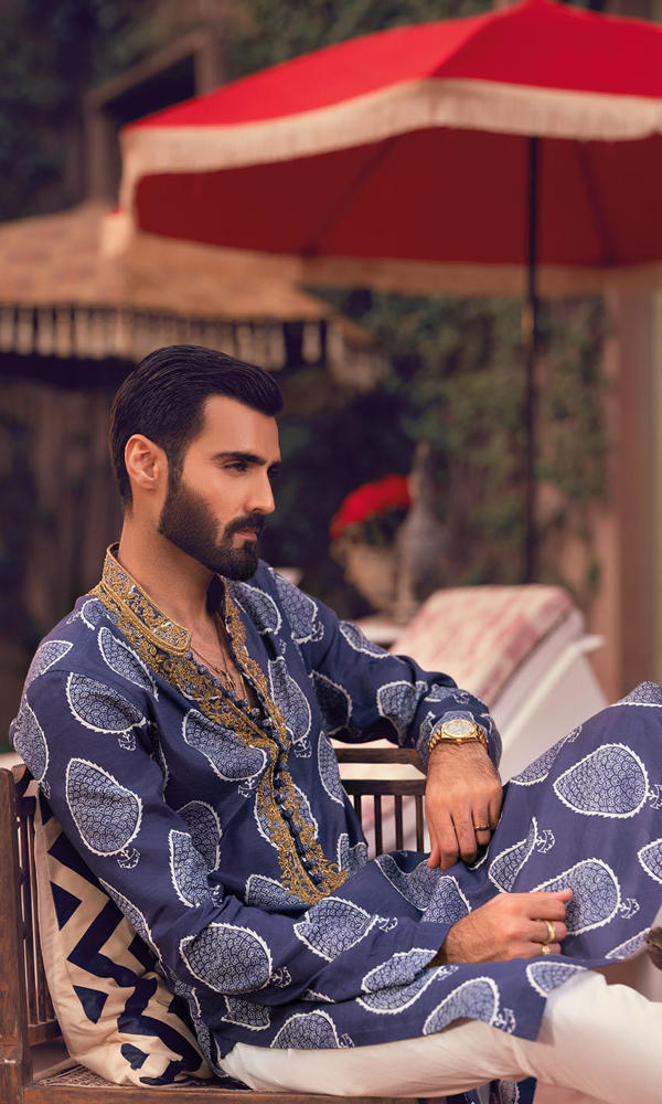 Navy Blue Embroidered Cotton-Silk Kurta (3-Piece) - Image 7