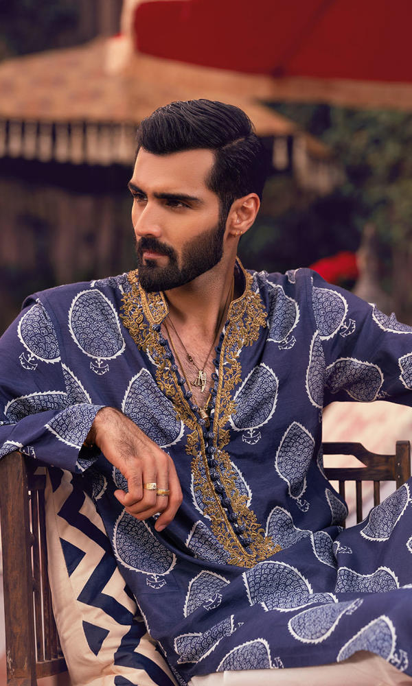 Navy Blue Embroidered Cotton-Silk Kurta (3-Piece) - Image 8