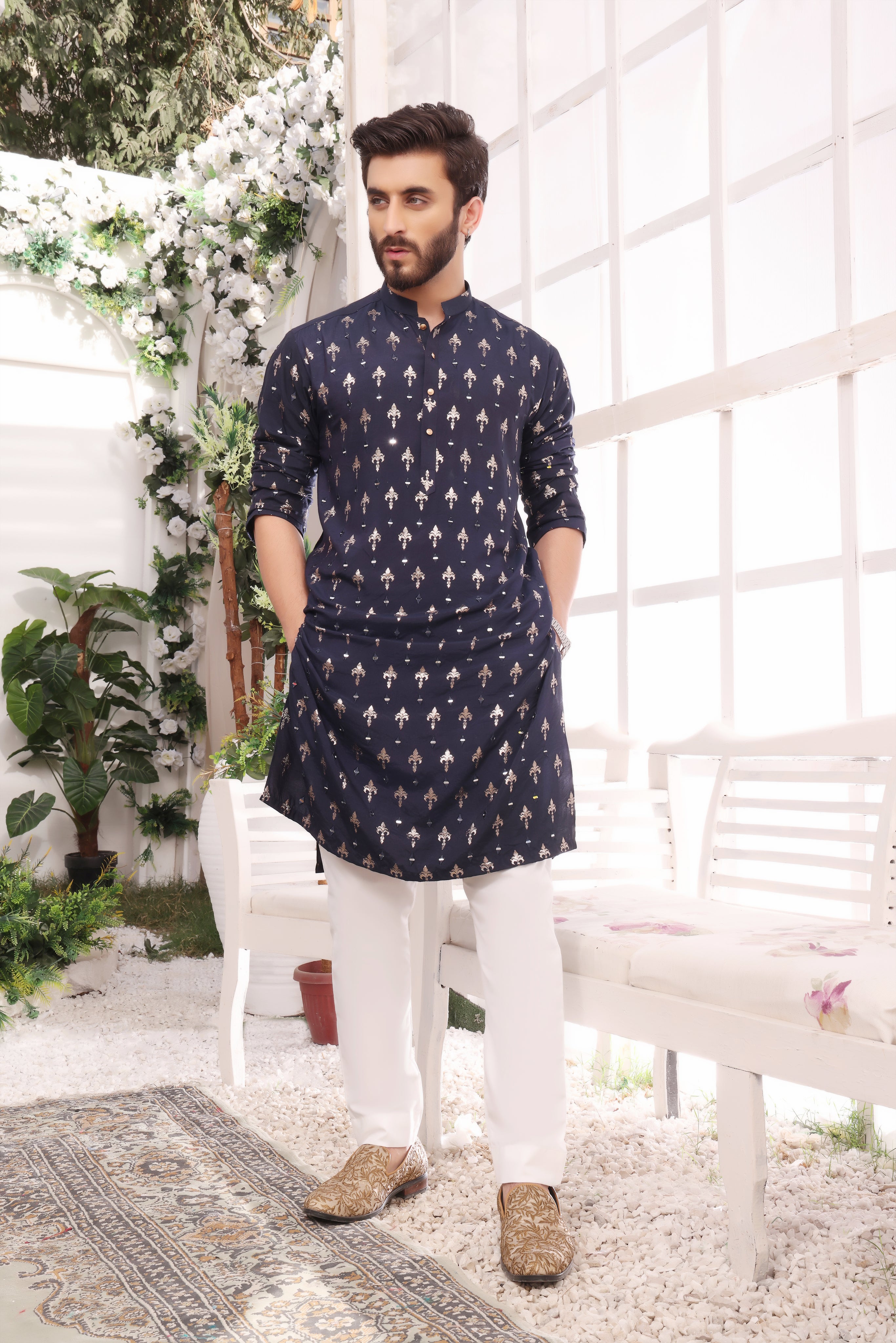 Navy Blue Mirror Work Cotton Silk Kurta Pajama (2-Piece) - Image 1