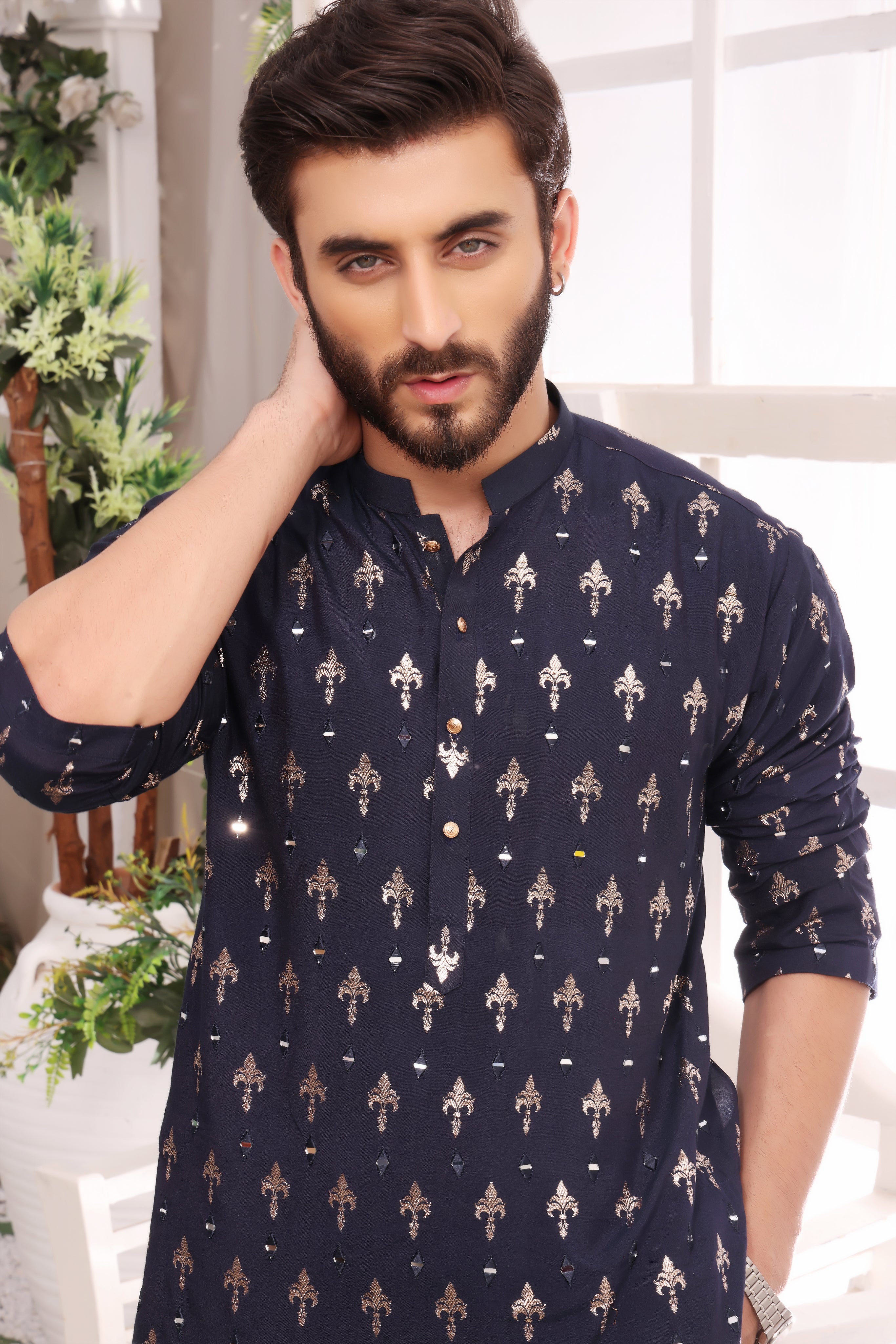 Navy Blue Mirror Work Cotton Silk Kurta Pajama (2-Piece) - Image 2