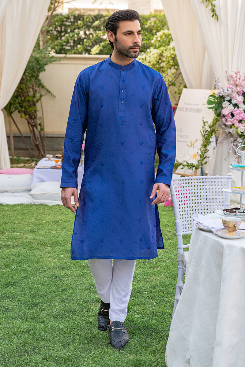 Navy Blue Embroidered Cotton-Silk Kurta (2-Piece) - Image 1
