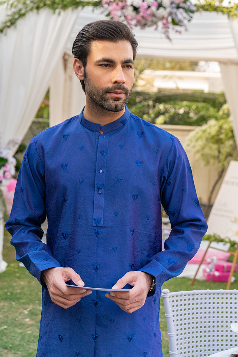 Navy Blue Embroidered Cotton-Silk Kurta (2-Piece) - Image 2