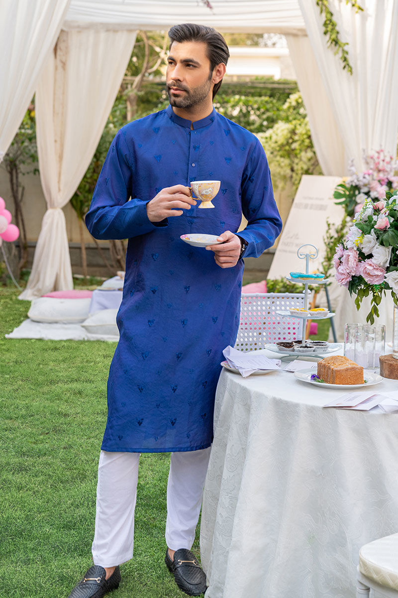 Navy Blue Embroidered Cotton-Silk Kurta (2-Piece) - Image 3
