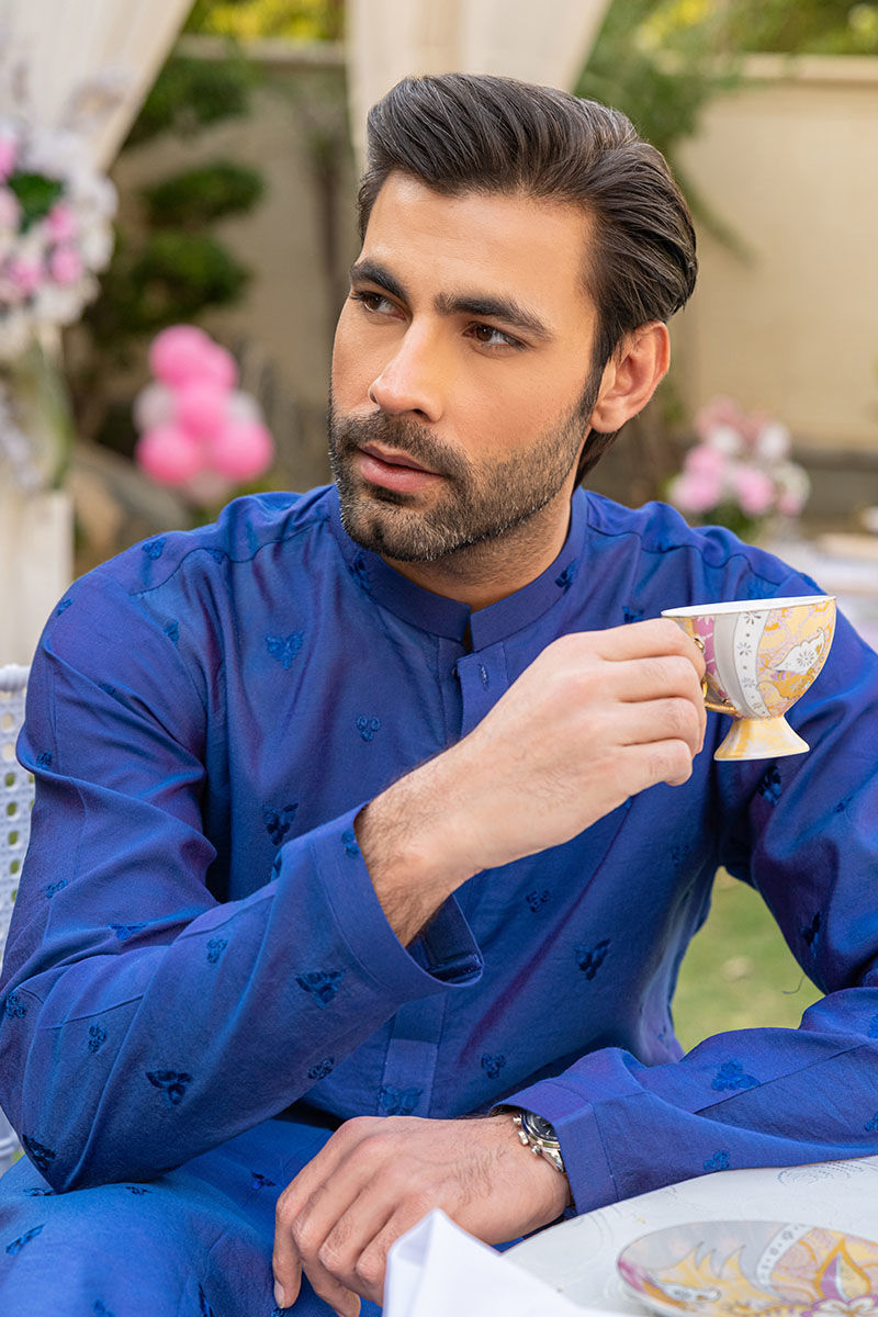 Navy Blue Embroidered Cotton-Silk Kurta (2-Piece) - Image 4