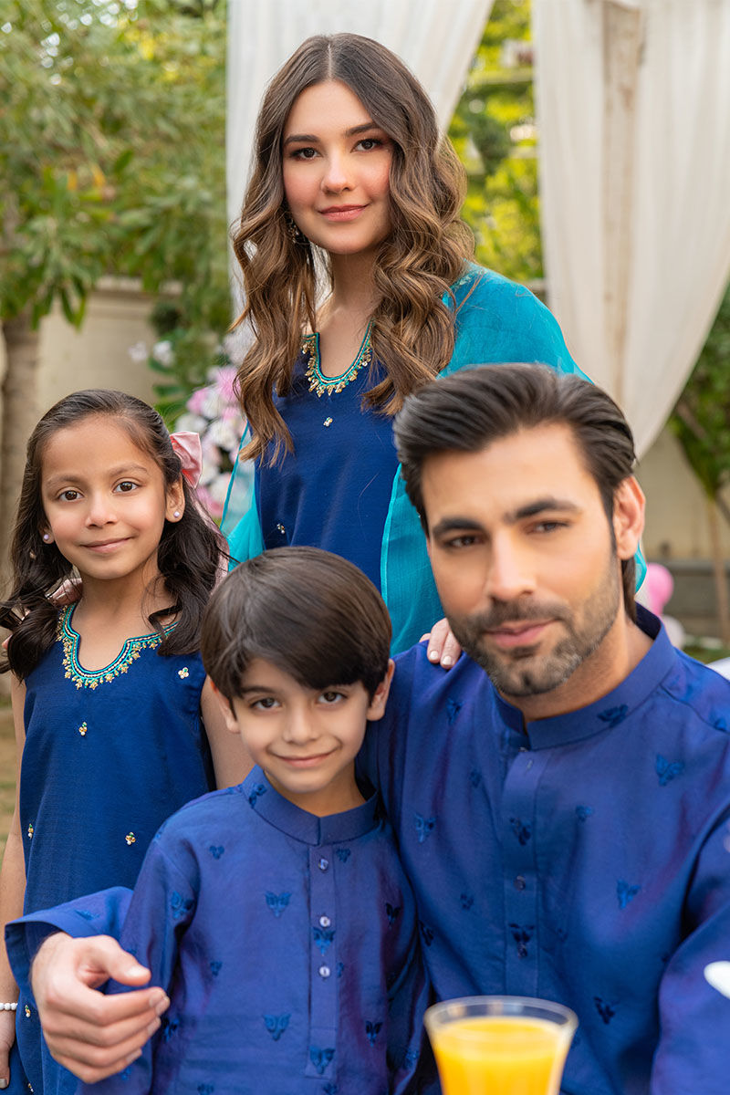 Navy Blue Embroidered Cotton-Silk Kurta (2-Piece) - Image 5