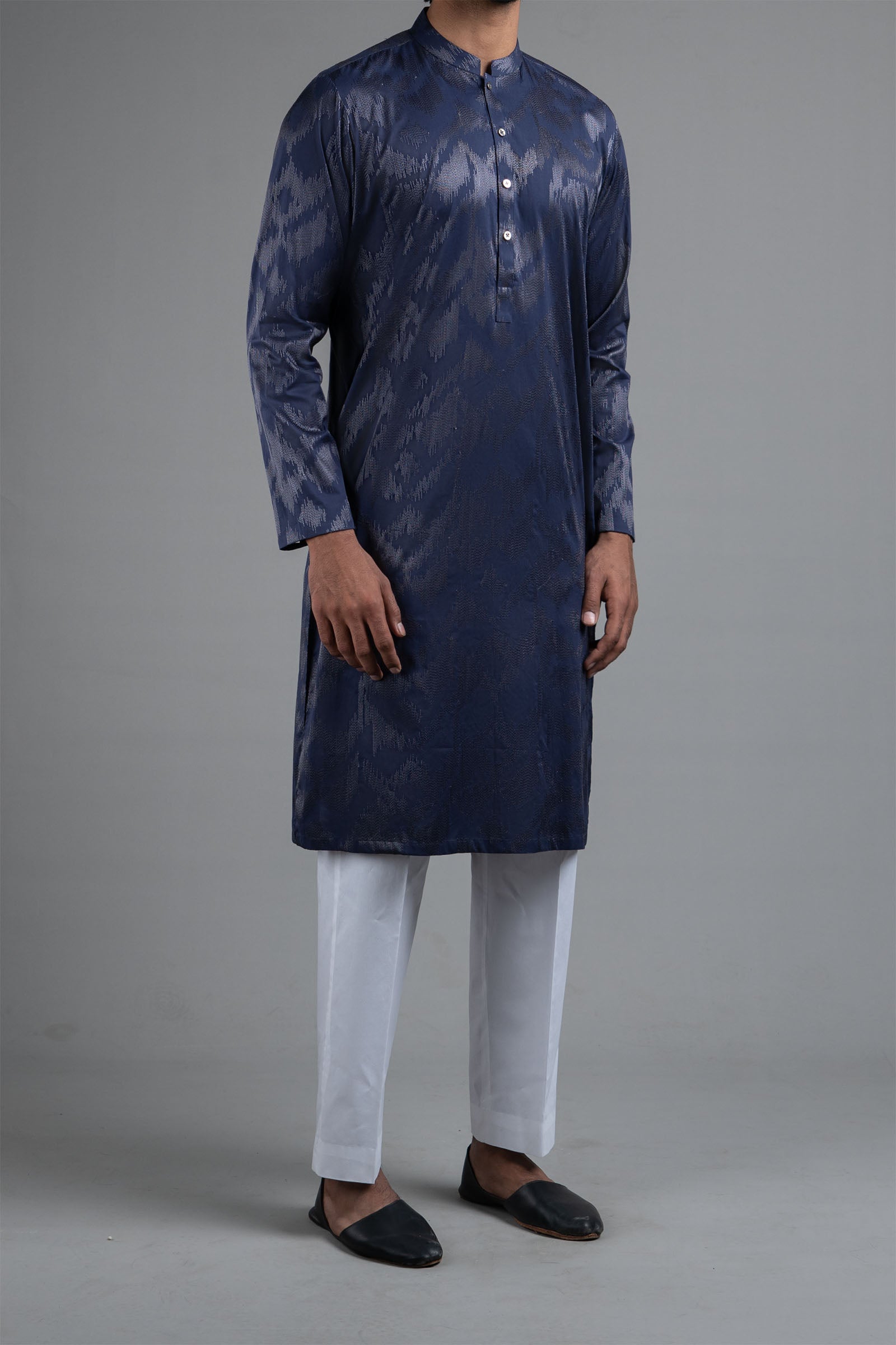 Navy Blue Embroidered Egyptian Cotton Kurta (2-Piece) - Image 3