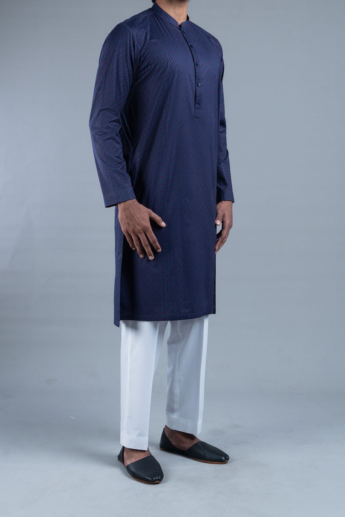 Navy Blue Embroidered Egyptian Cotton Kurta (2-Piece) - Image 3