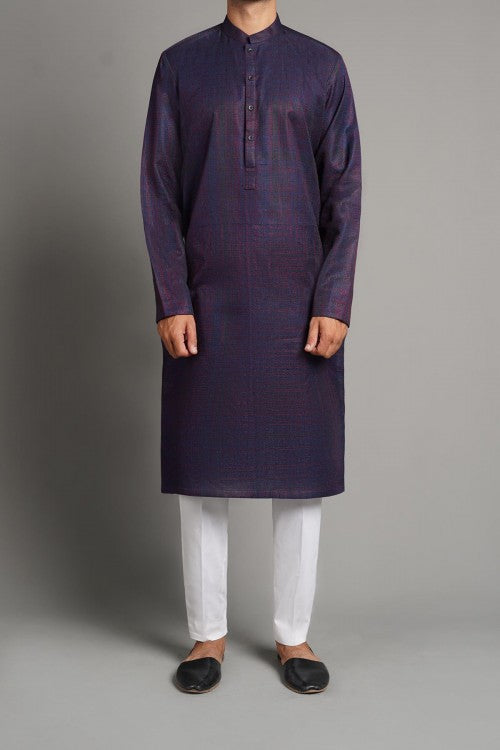 Navy Blue Embroidered Egyptian Cotton Kurta (2-Piece) - Image 1