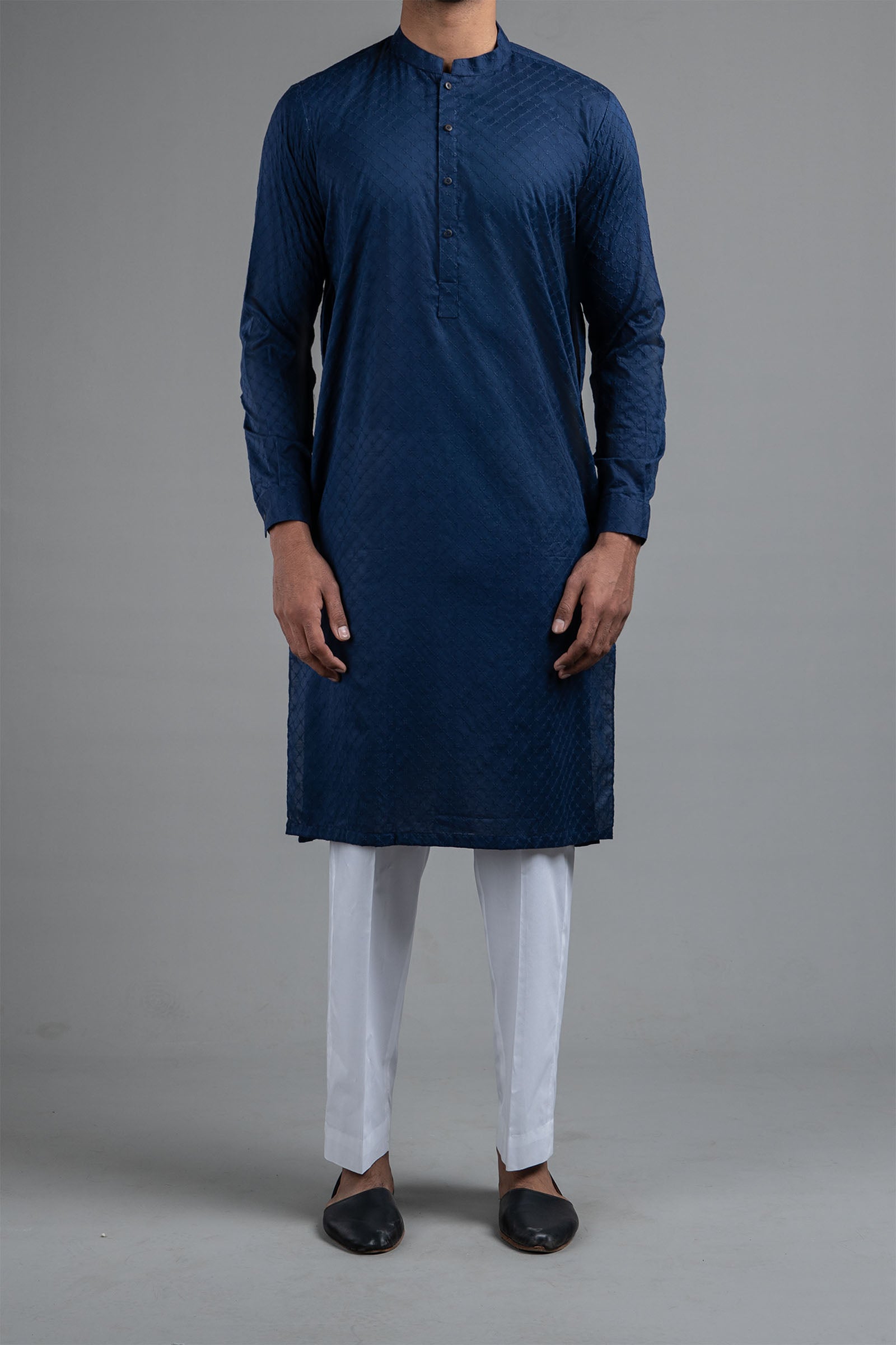 Navy Blue Embroidered Egyptian Cotton Kurta (1-Pc) - Image 1