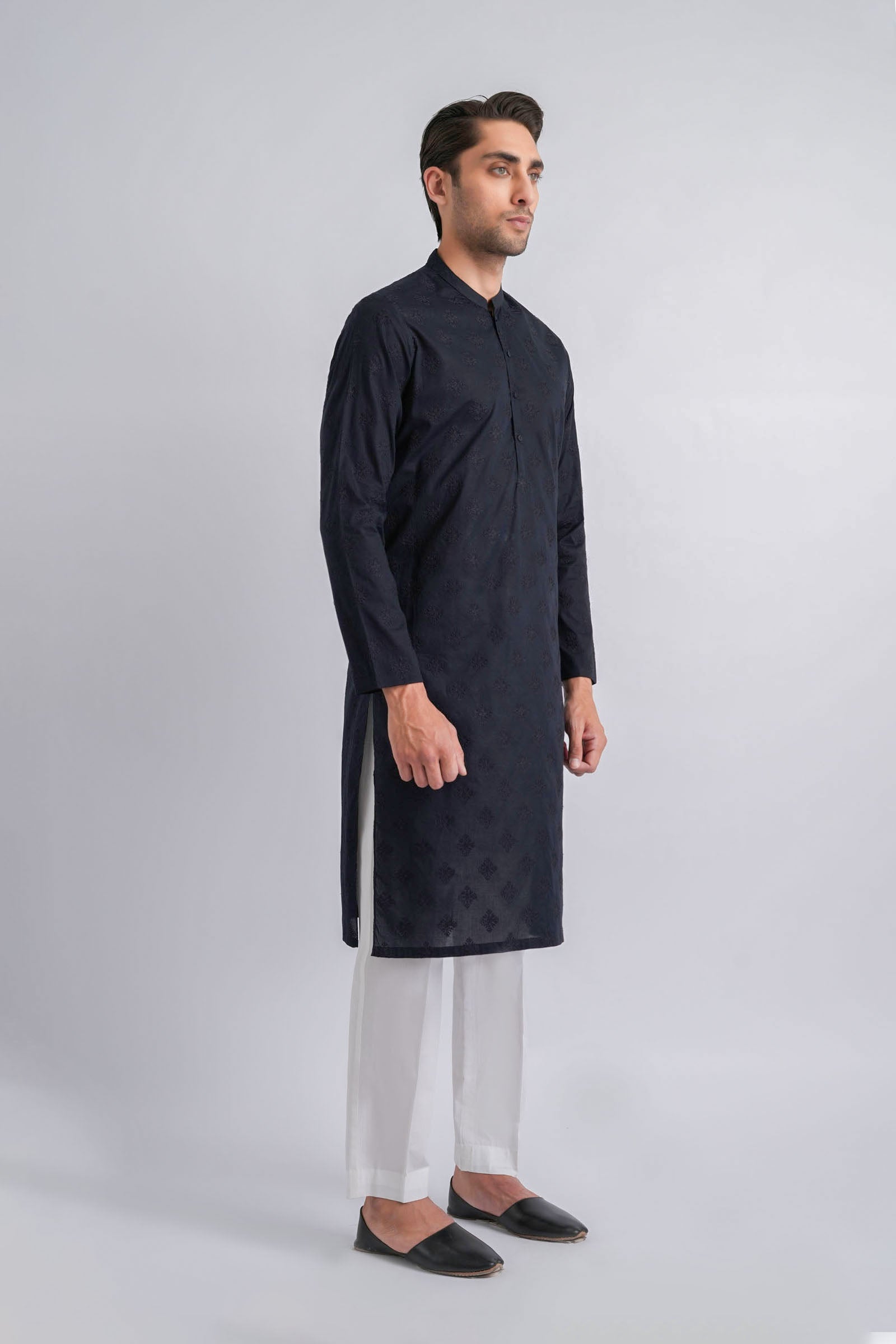 Navy Blue Embroidered Egyptian Cotton Kurta (2-Piece) - Image 1