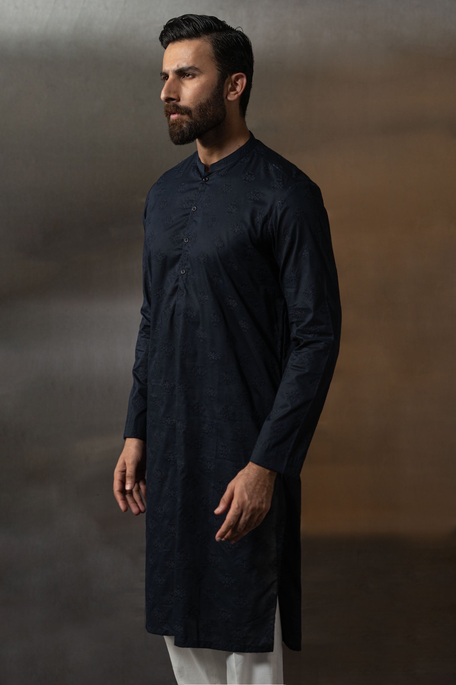 Navy Blue Embroidered Egyptian Cotton Kurta (2-Piece) - Image 2
