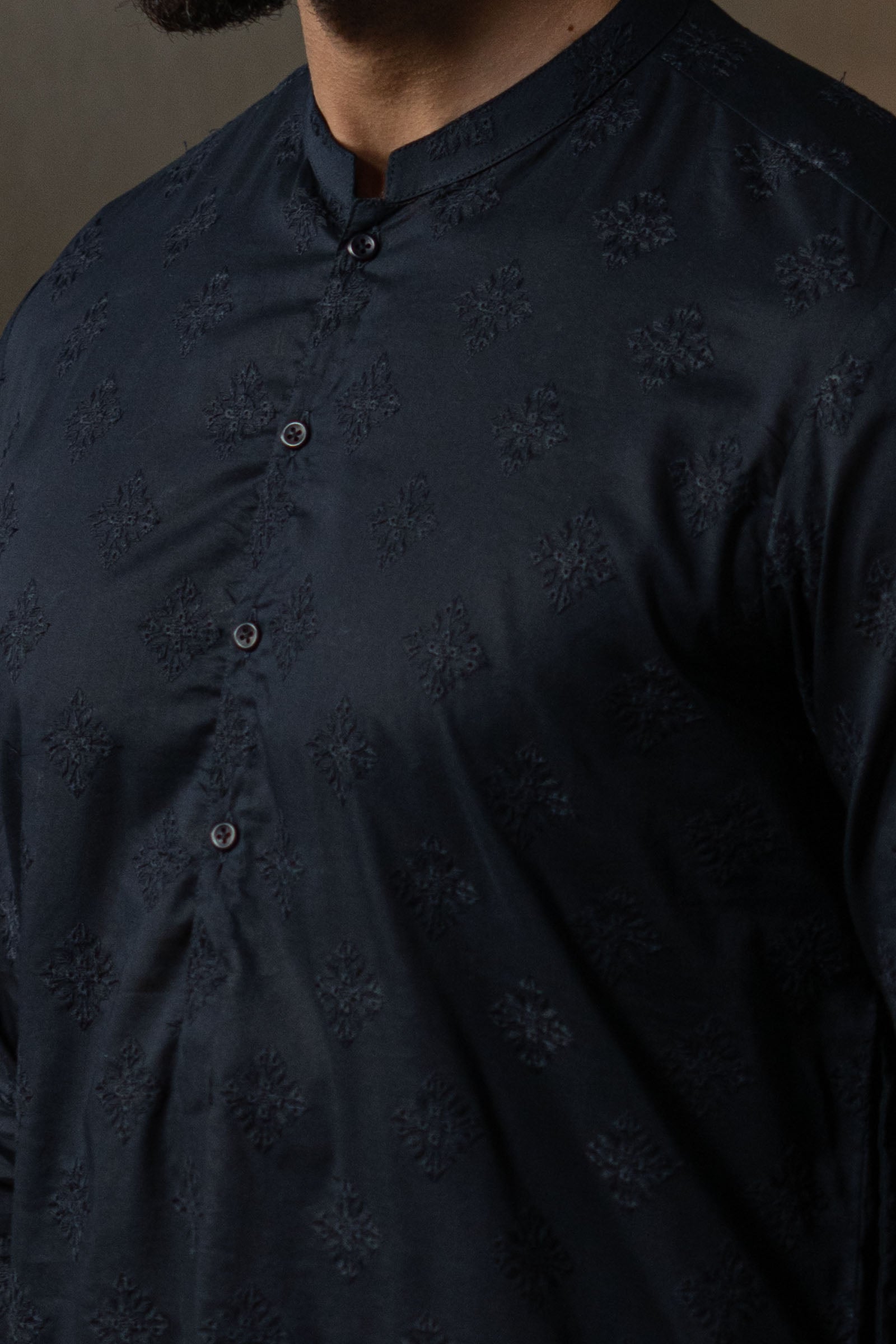 Navy Blue Embroidered Egyptian Cotton Kurta (2-Piece) - Image 3