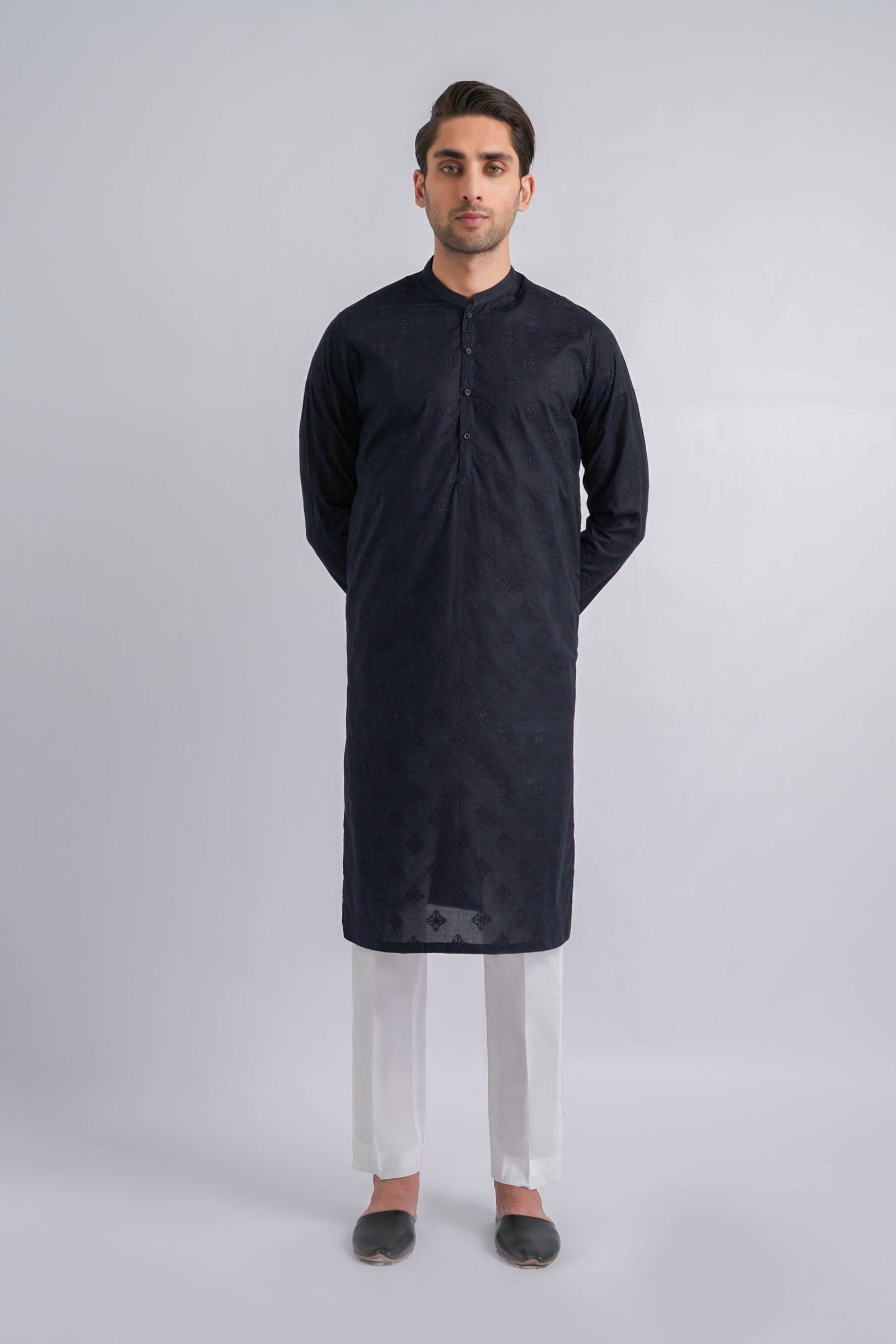 Navy Blue Embroidered Egyptian Cotton Kurta (2-Piece) - Image 4