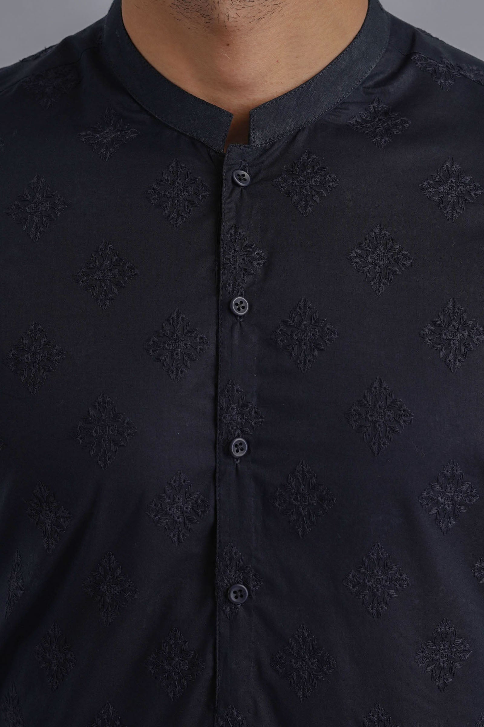 Navy Blue Embroidered Egyptian Cotton Kurta (2-Piece) - Image 5