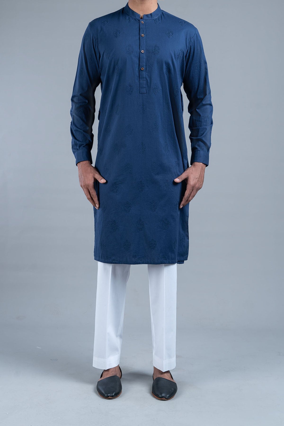 Navy Blue Embroidered Egyptian Cotton Kurta (2-Piece) - Image 1