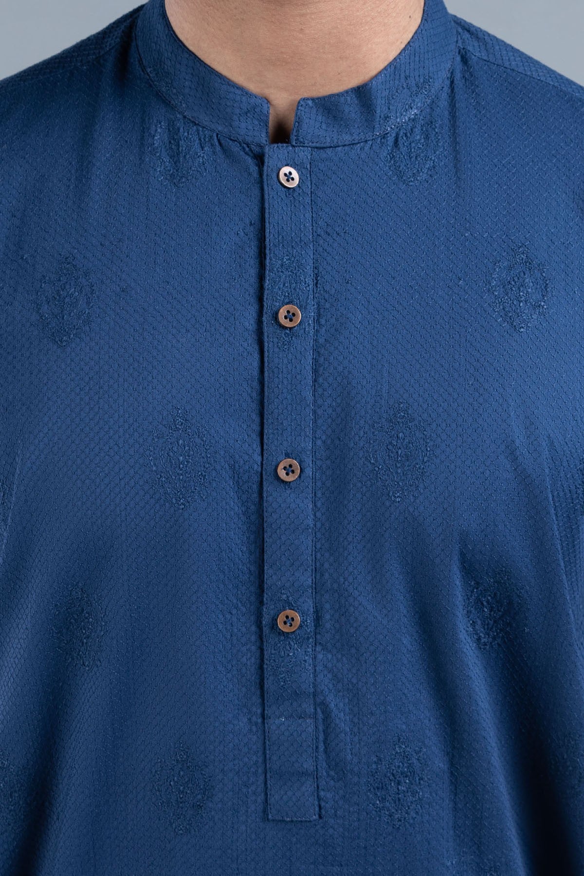 Navy Blue Embroidered Egyptian Cotton Kurta (2-Piece) - Image 2