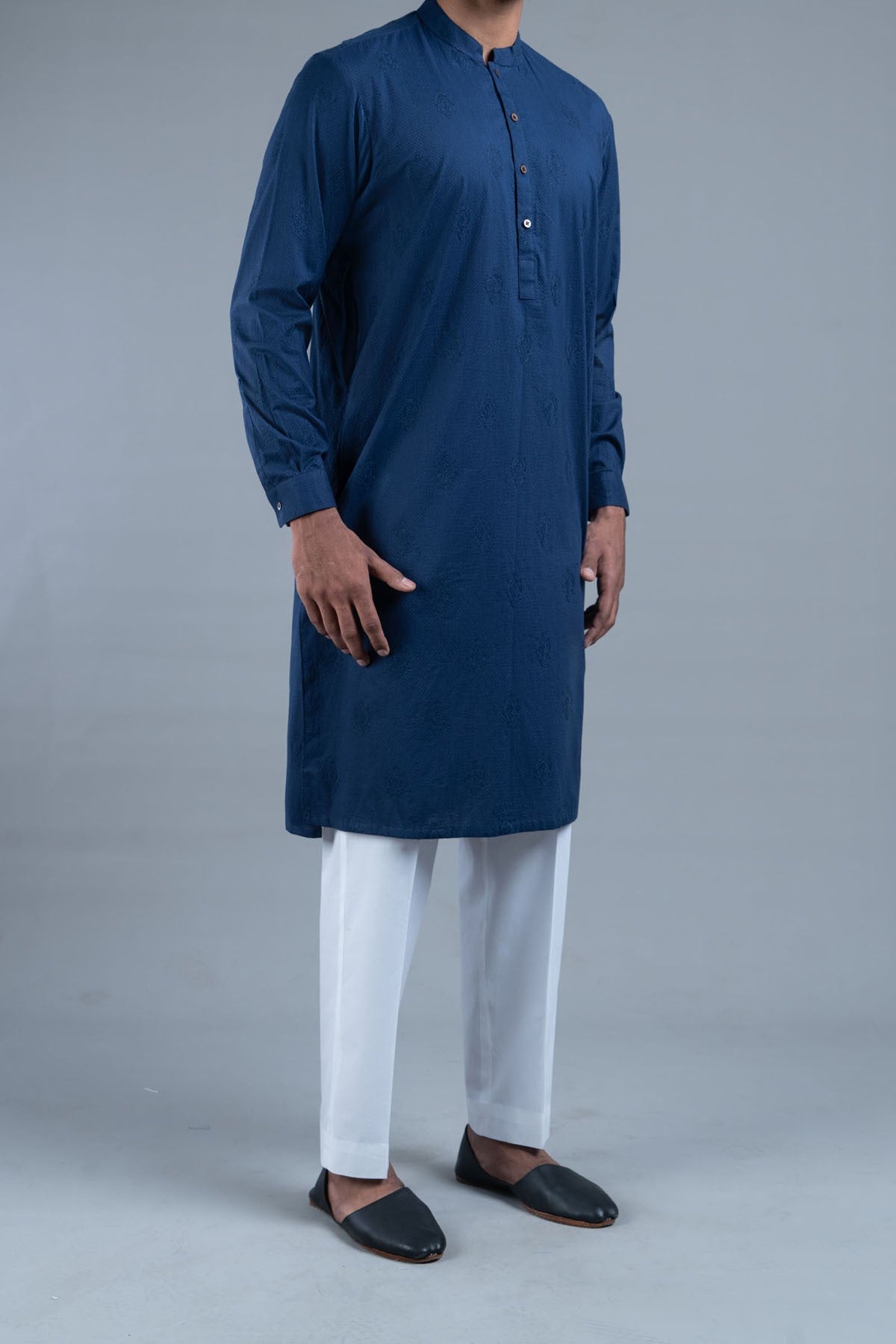 Navy Blue Embroidered Egyptian Cotton Kurta (2-Piece) - Image 3