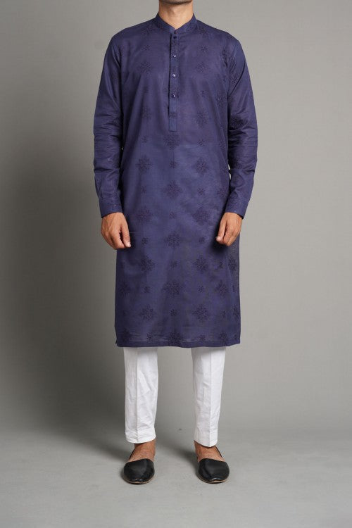 Navy Blue Embroidered Egyptian Cotton Kurta (2-Piece) - Image 1