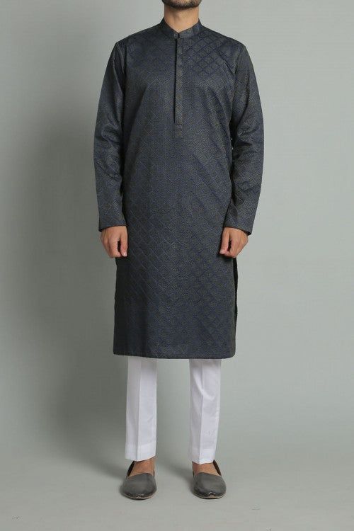 Navy Blue Embroidered Egyptian Cotton Kurta (2-Piece) - Image 1