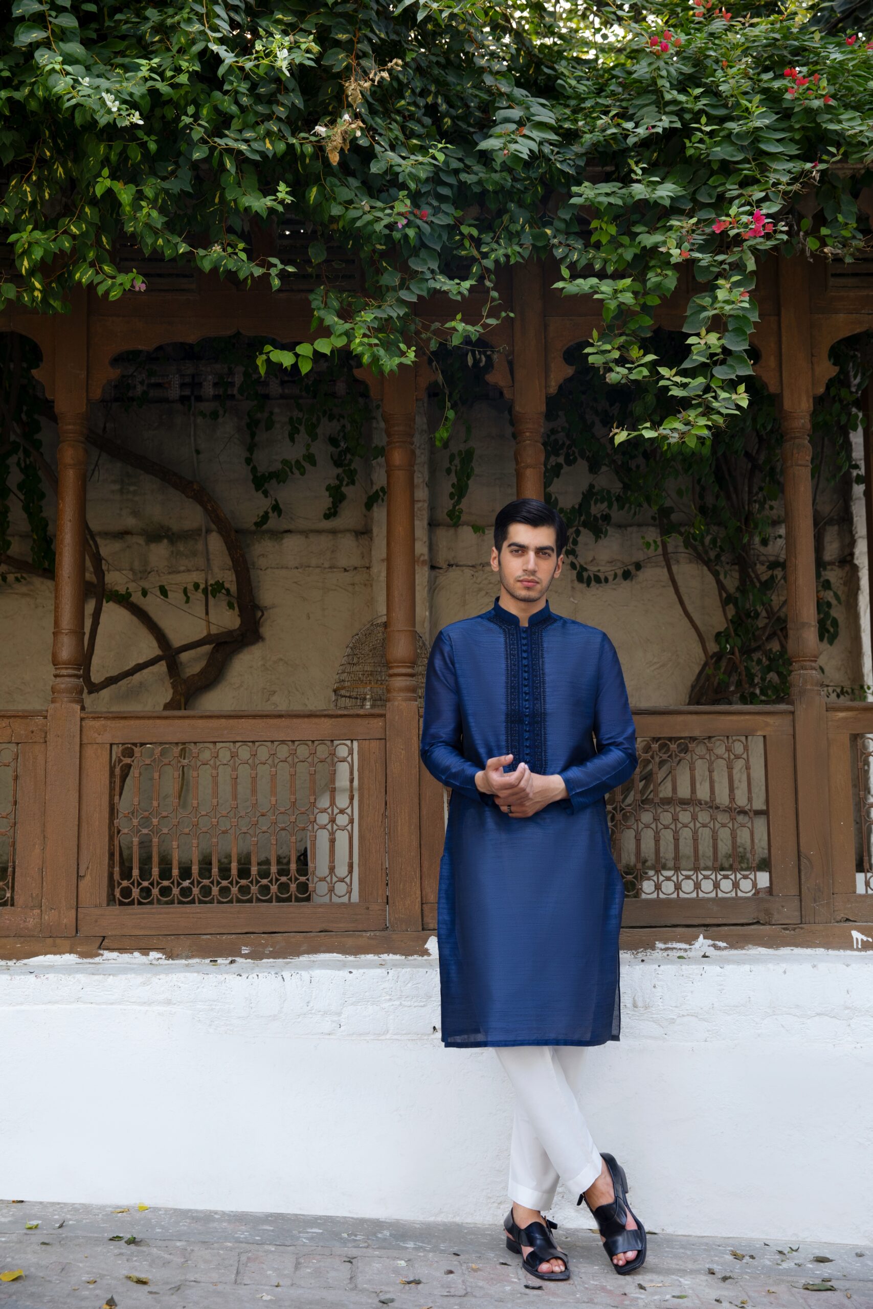 Navy Blue Hand Embroidered Synthetic Raw Silk Kurta (2-Piece) - Image 1