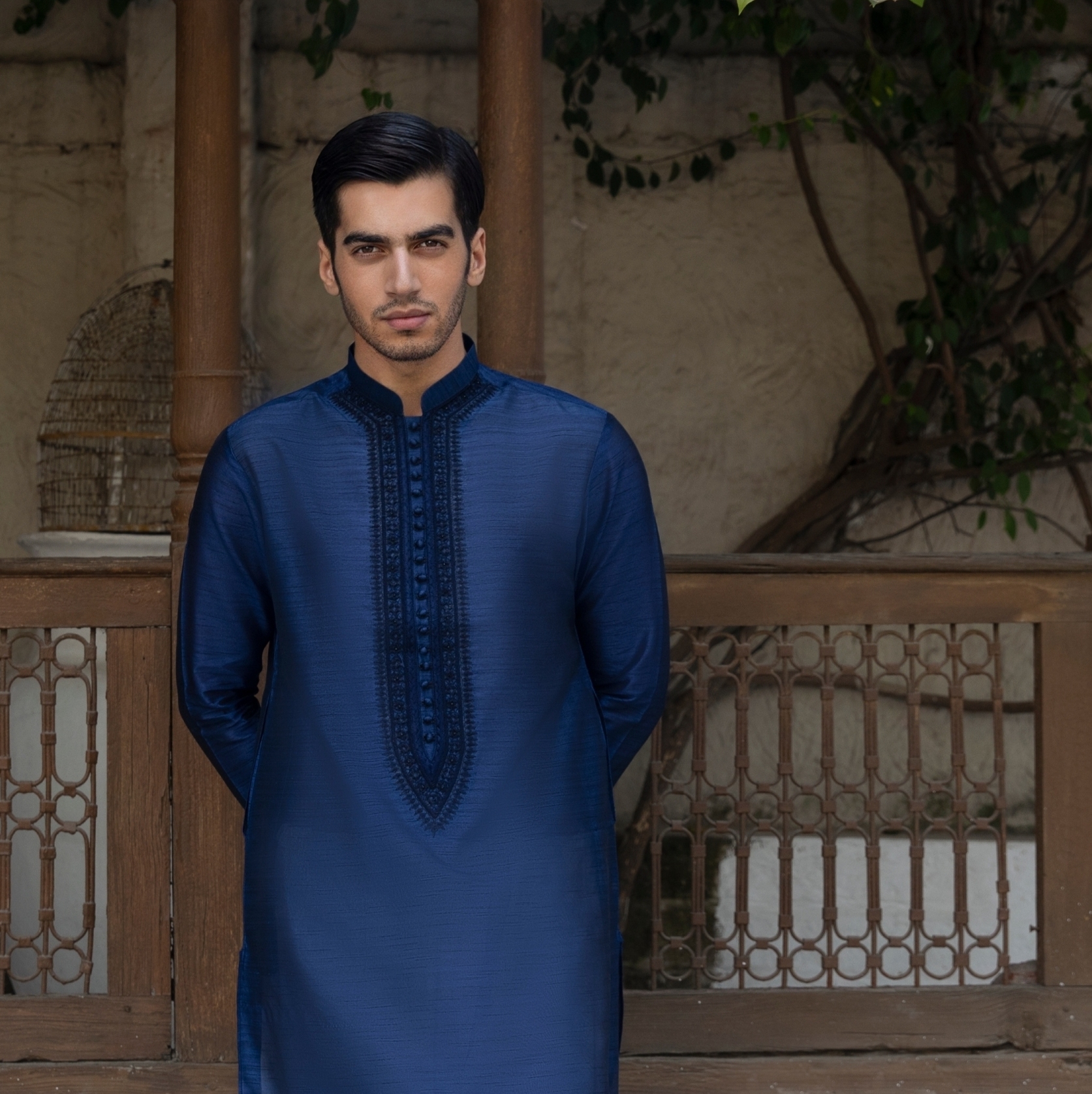 Navy Blue Hand Embroidered Synthetic Raw Silk Kurta (2-Piece) - Image 2