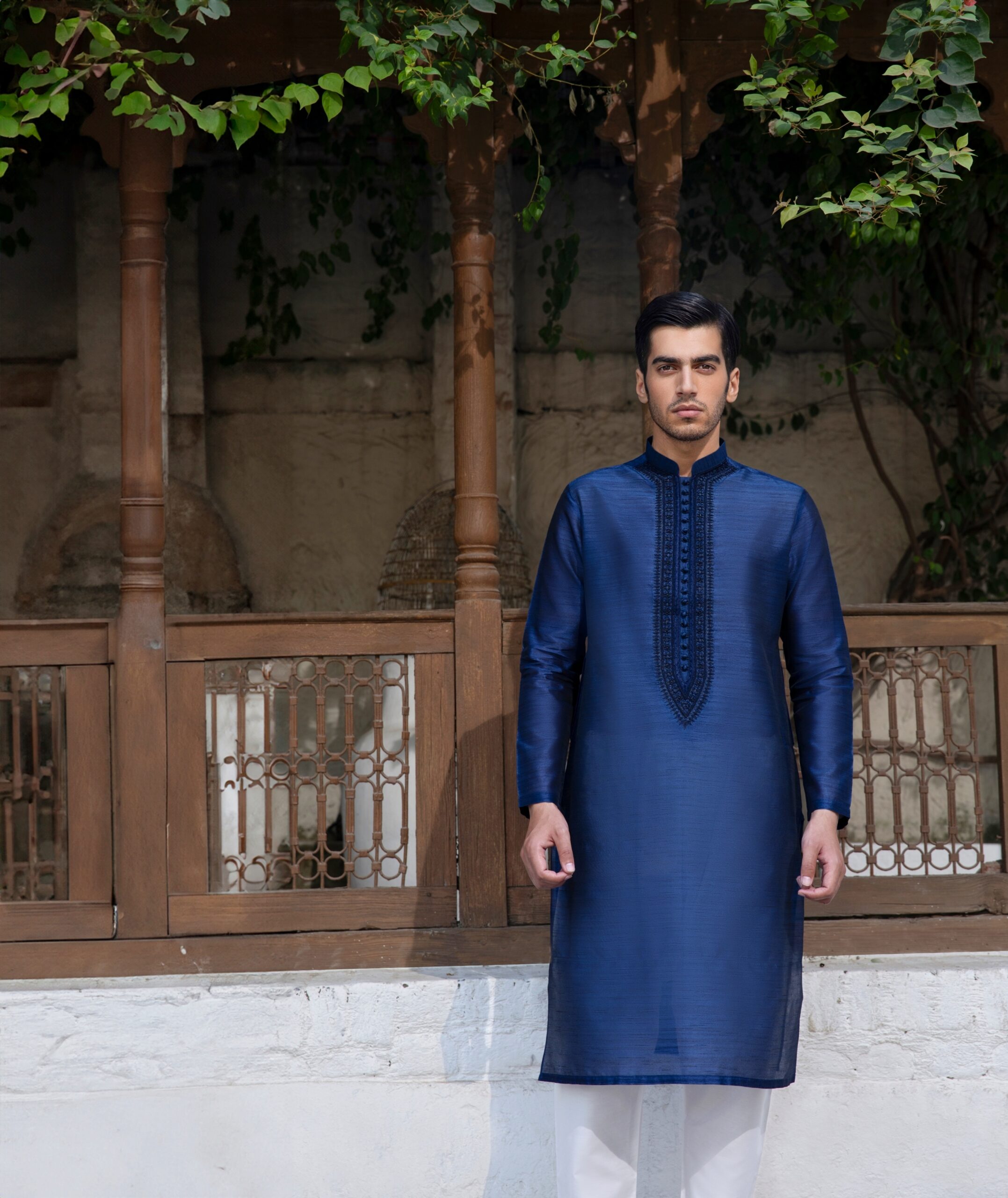 Navy Blue Hand Embroidered Synthetic Raw Silk Kurta (2-Piece) - Image 3