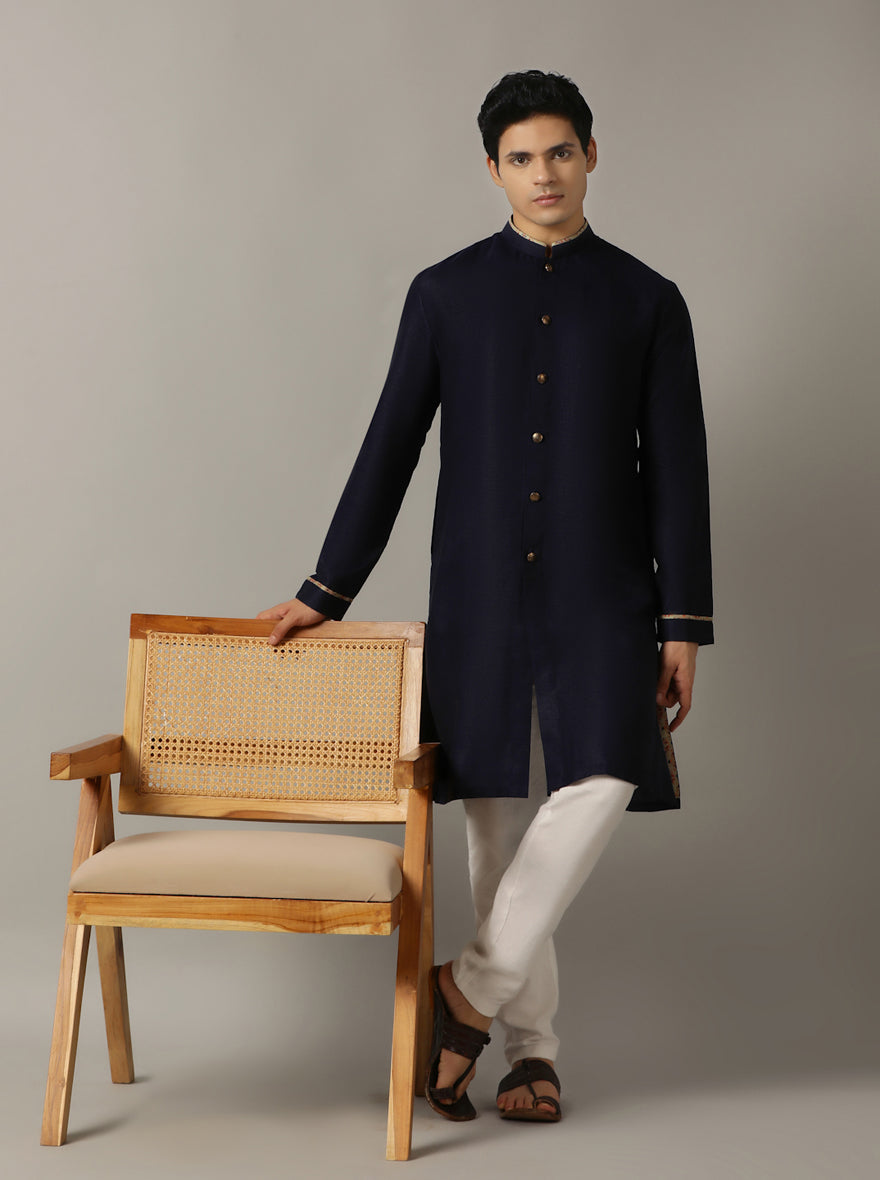 Navy Blue Gold-Piped Silk Blend Kurta (2-Piece) - Image 1