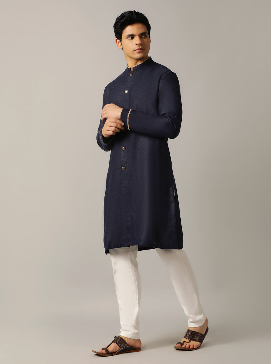Navy Blue Gold-Piped Silk Blend Kurta (2-Piece) - Image 2