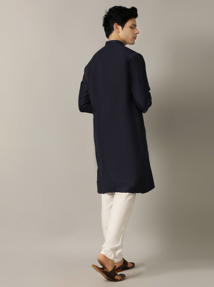 Navy Blue Gold-Piped Silk Blend Kurta (2-Piece) - Image 3