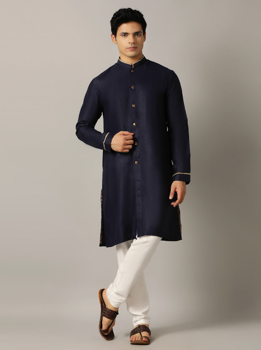 Navy Blue Gold-Piped Silk Blend Kurta (2-Piece) - Image 4