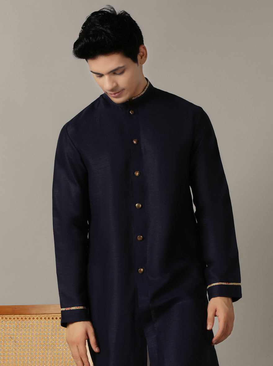 Navy Blue Gold-Piped Silk Blend Kurta (2-Piece) - Image 5