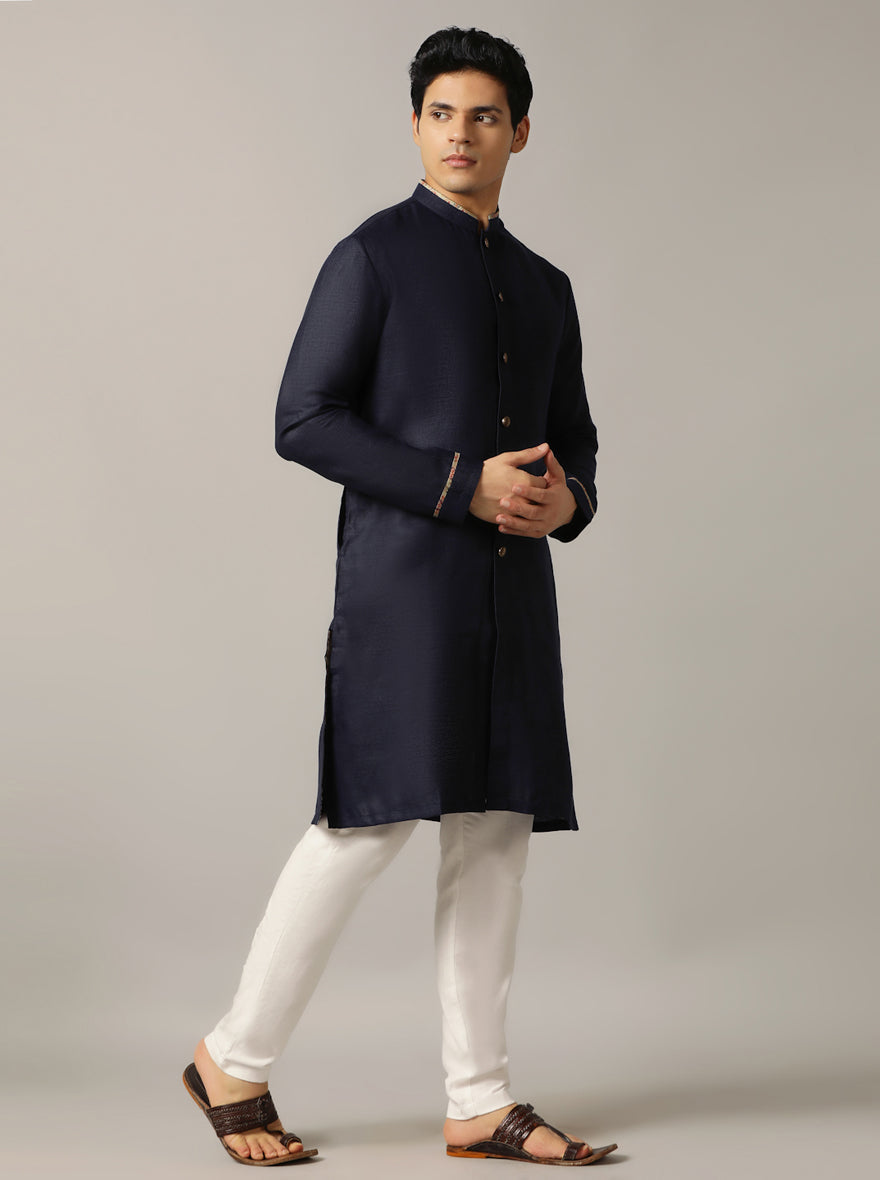 Navy Blue Gold-Piped Silk Blend Kurta (2-Piece) - Image 6