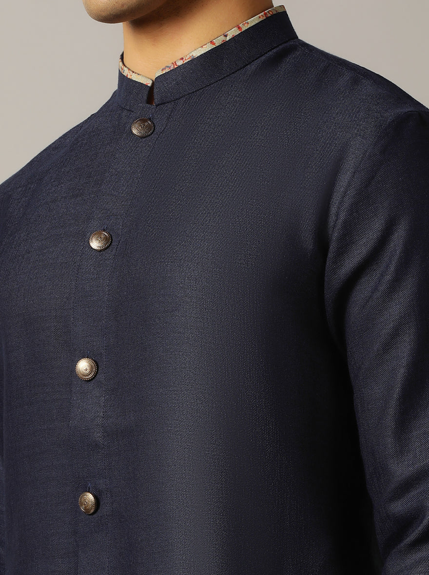 Navy Blue Gold-Piped Silk Blend Kurta (2-Piece) - Image 7