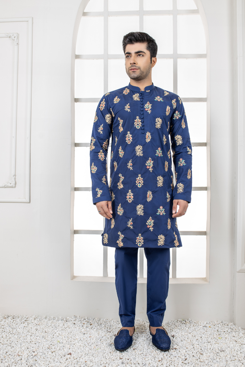 Navy Blue Embroidered Silk-Blend Kurta Pajama (2-Piece) - Image 1